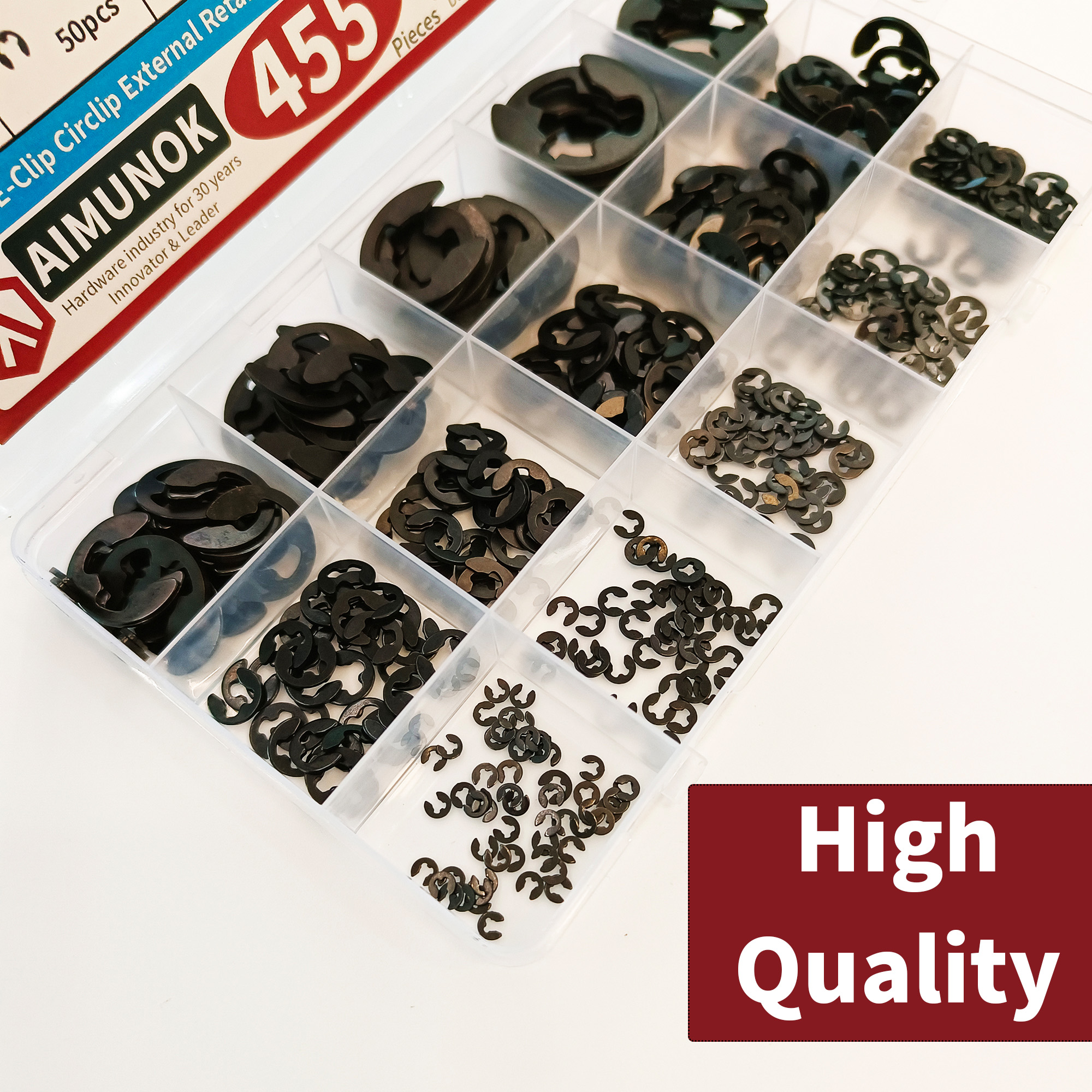 AIMUNOK 455 szt. Zestaw zewnętrznych pierścieni ustalających E-Clip Zestaw pierścieni zatrzaskowych, zestaw klipsów C ze stali wysokowęglowej, 14 rozmiarów SAE Pierścień zabezpieczający Sna