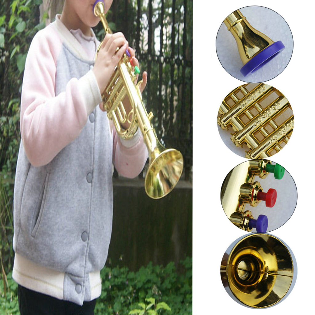 Gold 14-1/2 Inch Trumpet with 4 Colored Keys, Musical Wind Instrument Music Toys for Kids, Learning &amp; Entertainment