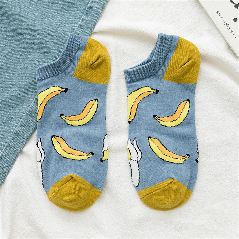 Girls summer funny cute cartoon happy fruit socks avocado strawberry watermelon banana lemon peach sokken: Navy Yellow Banana
