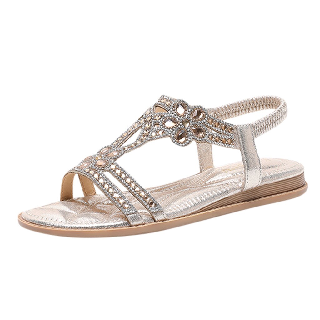 Sandales d'été femme Rhineston sandale compensées bohême plage chaussures cristal tongs chaussures plates sandales bout ouvert sandalias mujer: GD / 40
