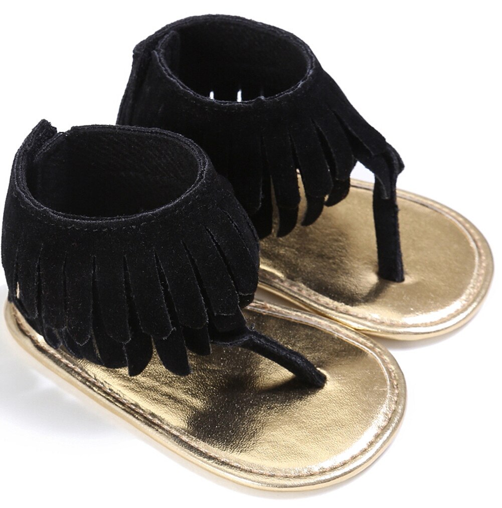 Baby Summer Shoes Baby Girls Kids Sandals Tassel Anti-Slip Summer Crib Shoes Soft Sole Prewalkers Candy Color Solid Shoes: Black / 13-18 Months