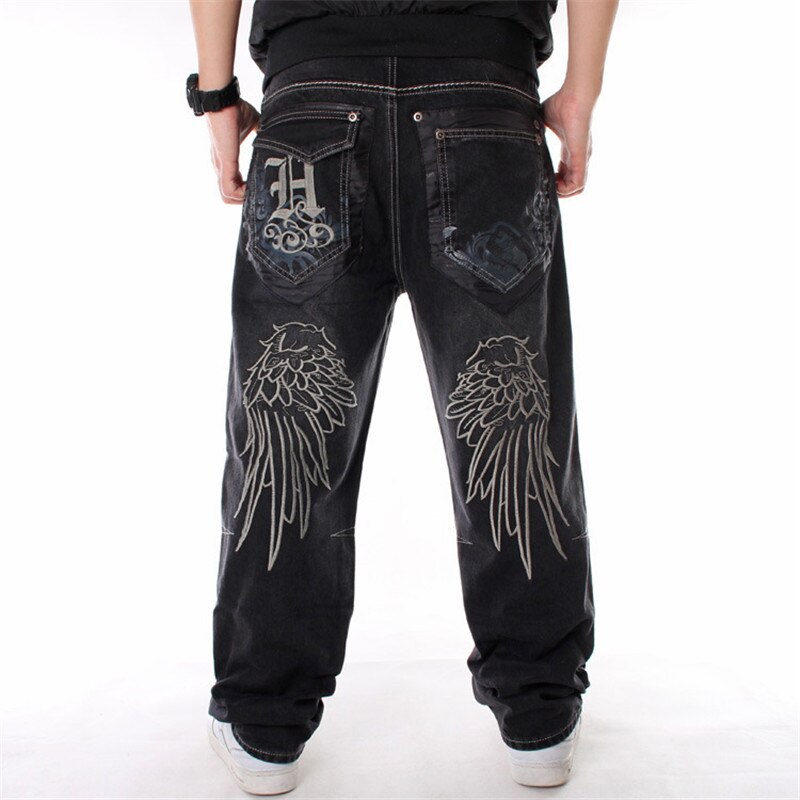 HIDOL Oversized Original Denim Jeans Men Black Big Plus Size 46 Hip Hop Pants Loose Baggy Wing Embroidery HipHop Trousers Brand: 38