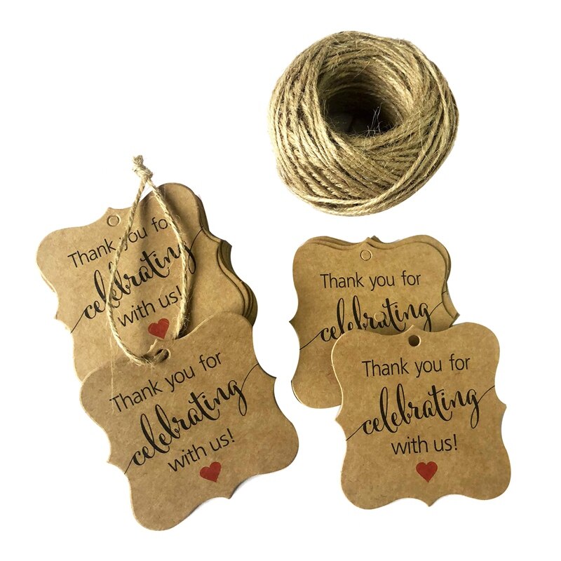 100 stuks bedankt voor het vieren met ons labels kraftpapier wikkellabels met natuurlijk jute touw voor babyshower, kerst, bruiloft