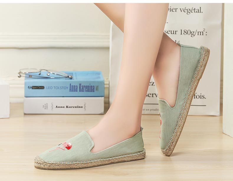 Alpargatas clásicas de verano, flamenco bordado, alpargatas planas para mujer, en color verde claro