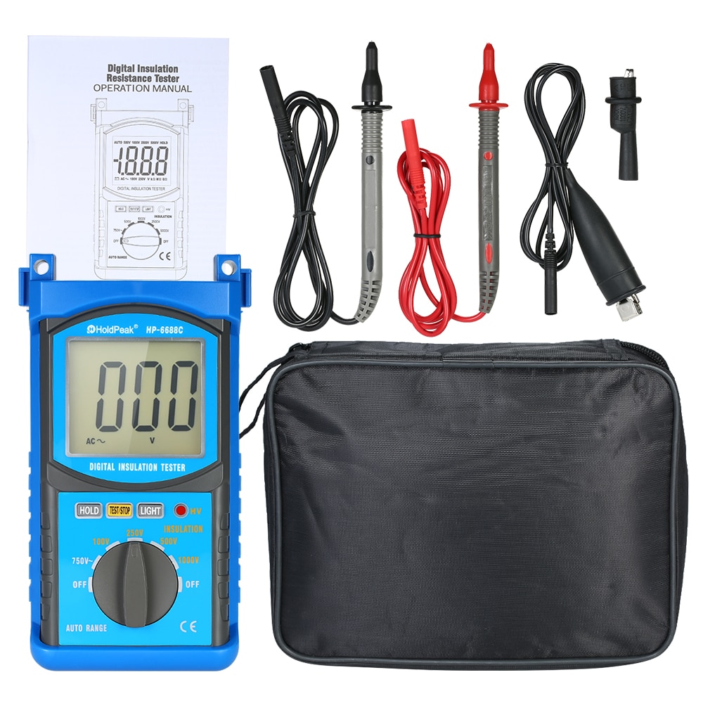 HoldPeak Auto-range LCD Digital Insulation Resistance Tester Megohm Meter Megger Megohmmeter DC100V/250V/500V/1000V Voltmeter