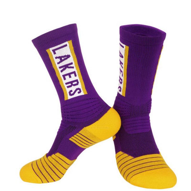 Mens Basketball Socks Terry Cushion Pad Thick Clubs Players Socks with Text logo Fast: Purple yellow