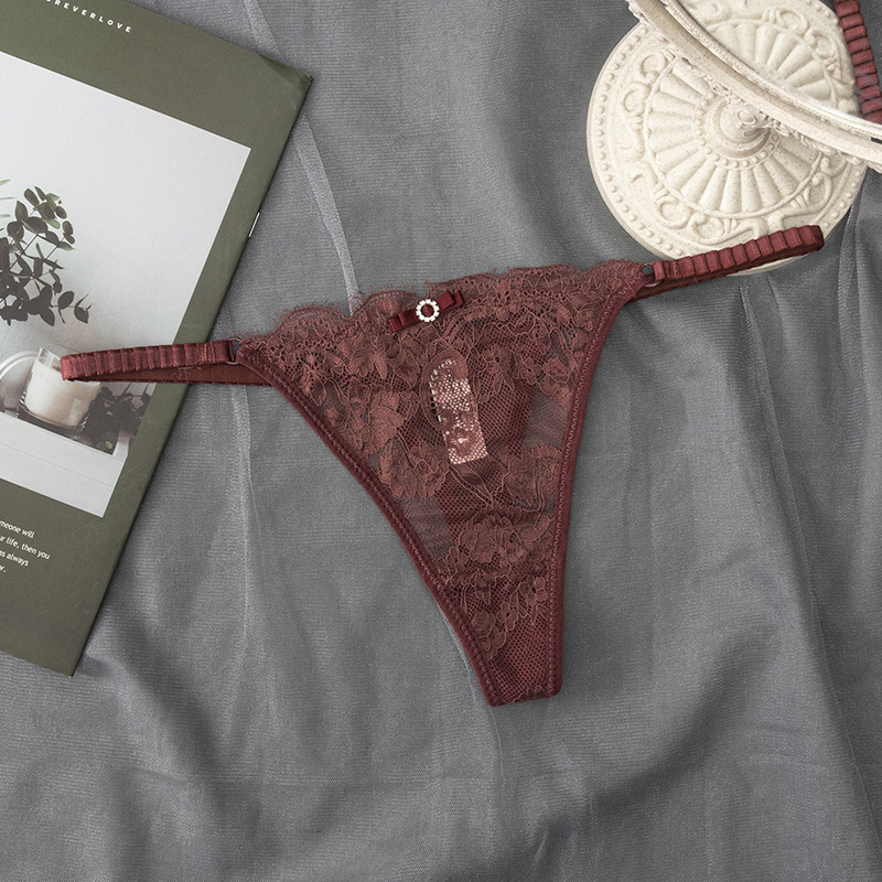 European Style Thong Sexy Lace Panties Low Waist Seamless Hollow Out G-Gtring Women&#39; Transparent T Pants Female Lingerie: caramel