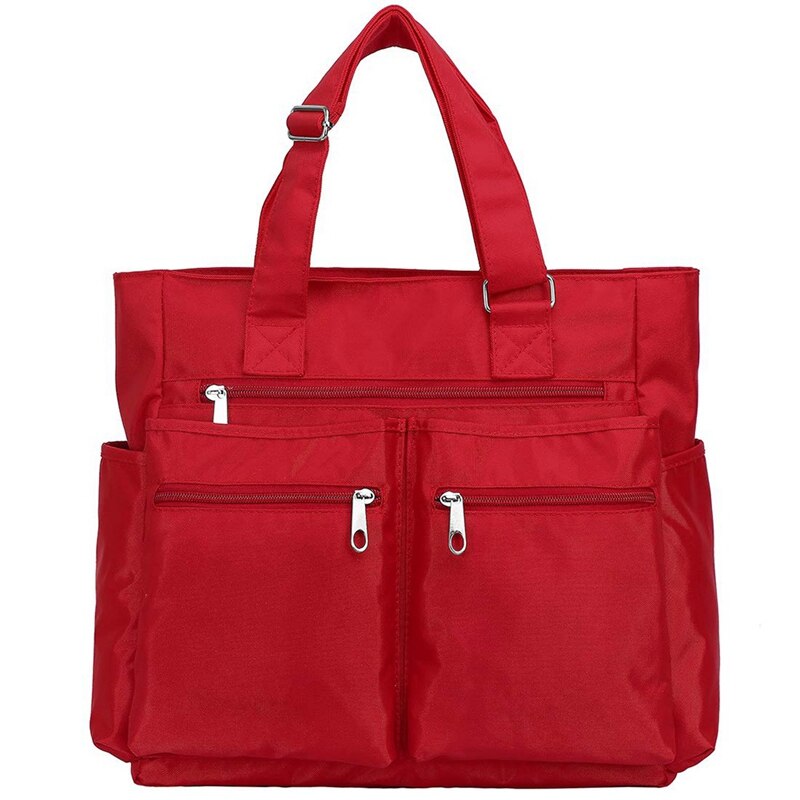 Canvas Tote Bag Waterproof Nylon Multi-Pocket Laptop Work Bag Teacher: Red