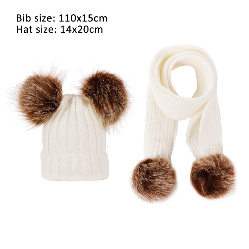 Q 2 stk / sæt babyforsyninger strikket hat holde varm hat tørklæde drengepige med dobbeltkugler til vinter europæisk stil akrylfibre: Hvid
