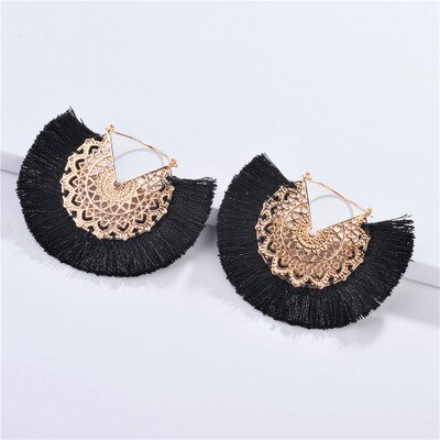 Pendientes bohemios Vintage con forma de abanico para mujer y niña, aretes con flecos, para , boda: black