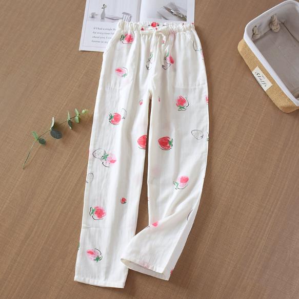 Pyjama en gaze de coton pour femmes, pantalon de maison pour dormir, automne-hiver, vêtements de salon, ample, imprimé,