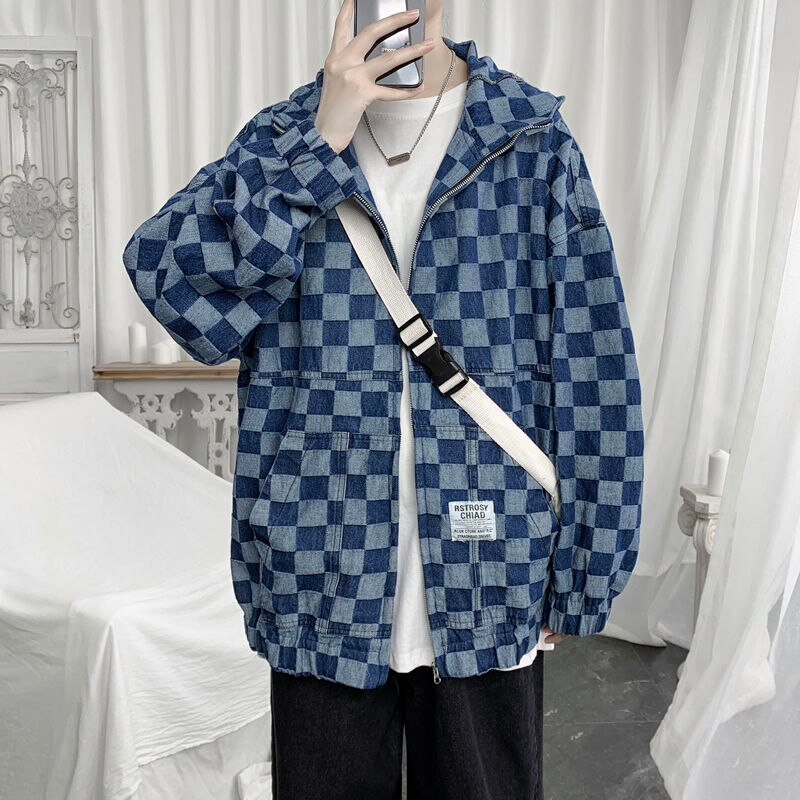 Herfst Plaid Denim Jas Heren Mode Retro Casual Hooded Denim Jassen Heren Streetwear Losse Hip-Hop Bomberjack mannen S-2XL