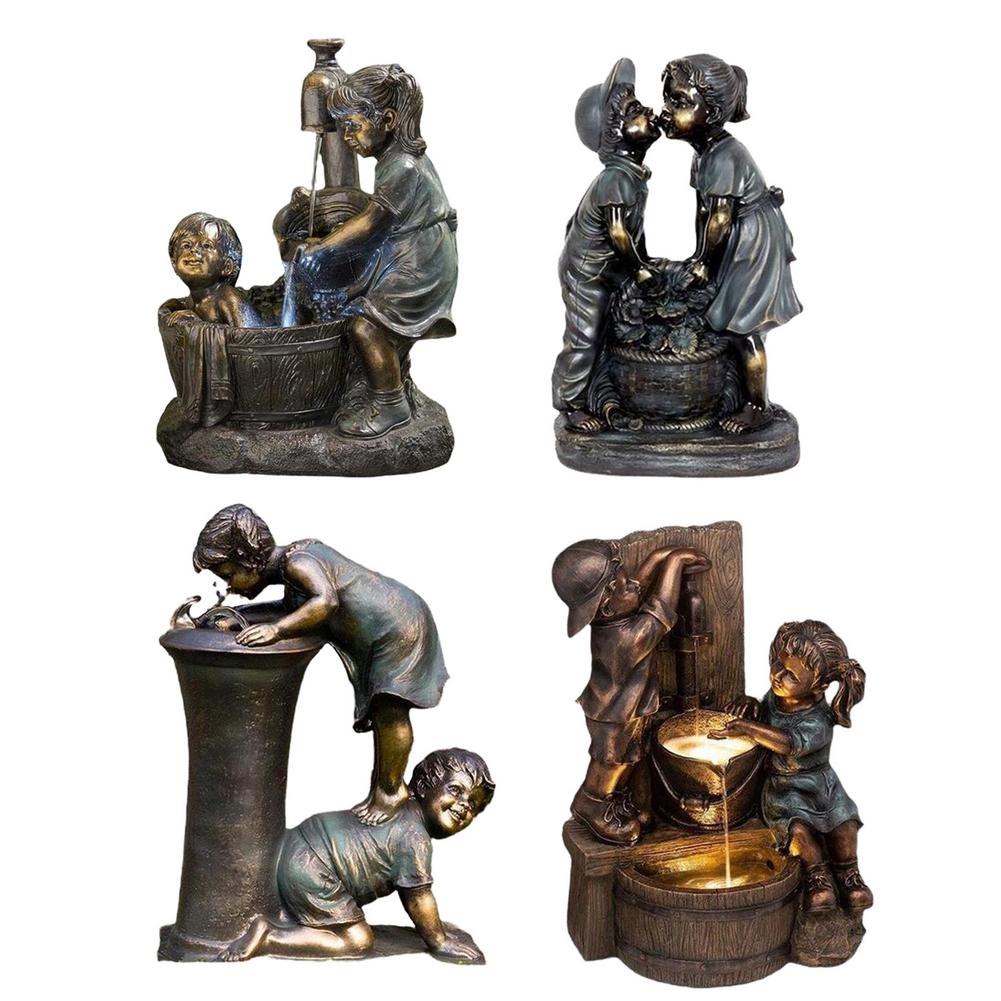 Boy And Girl Garden Statue Resin Waterfall Water Flow Ornament Outdoor For Home Yard Garden Desktop Sculptures Office Decor