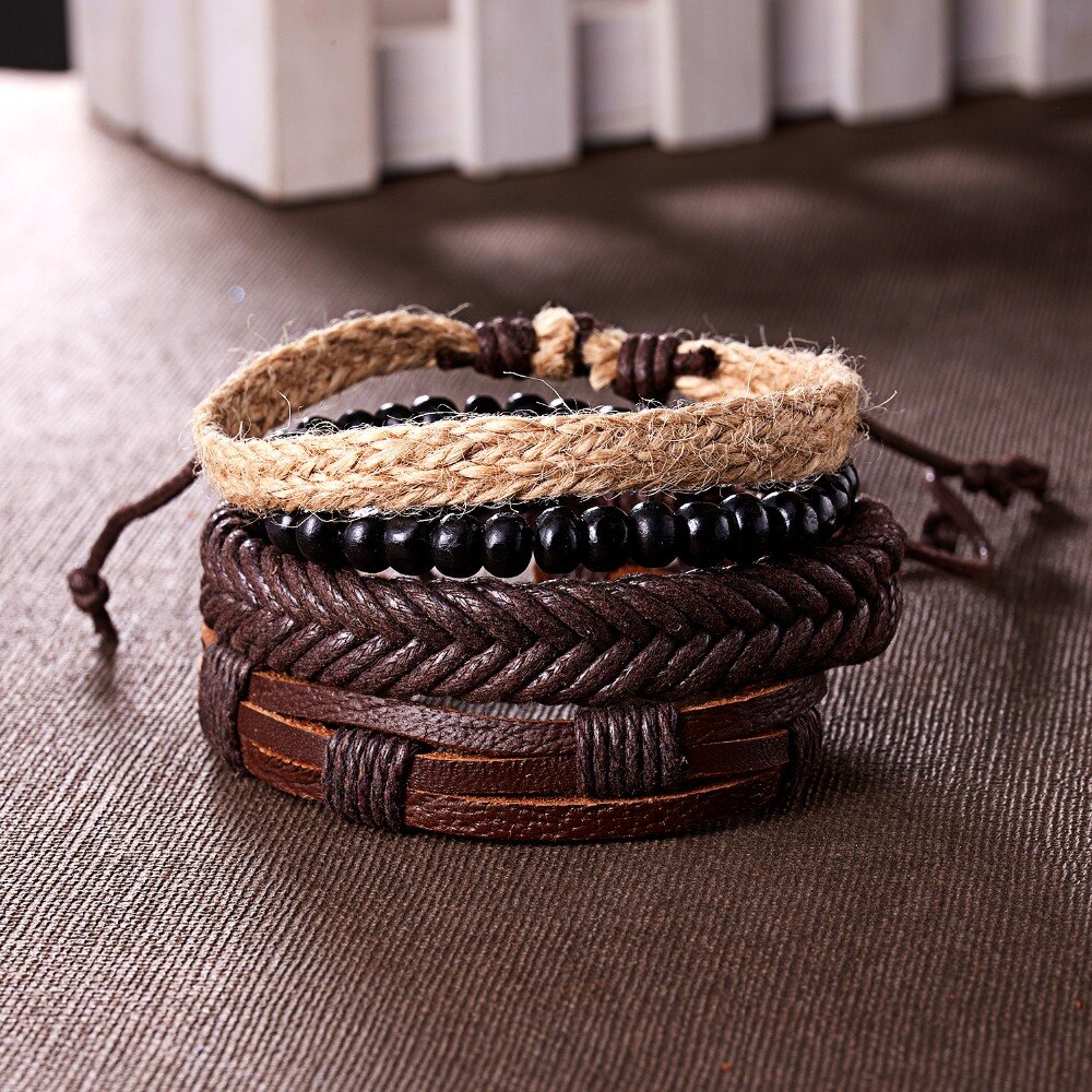 4pcs/set Ethnic Braided Leather Bracelets &amp; Bangles for Women Multilayer Wristband Vintage Handmade Bracelet Men Jewelry