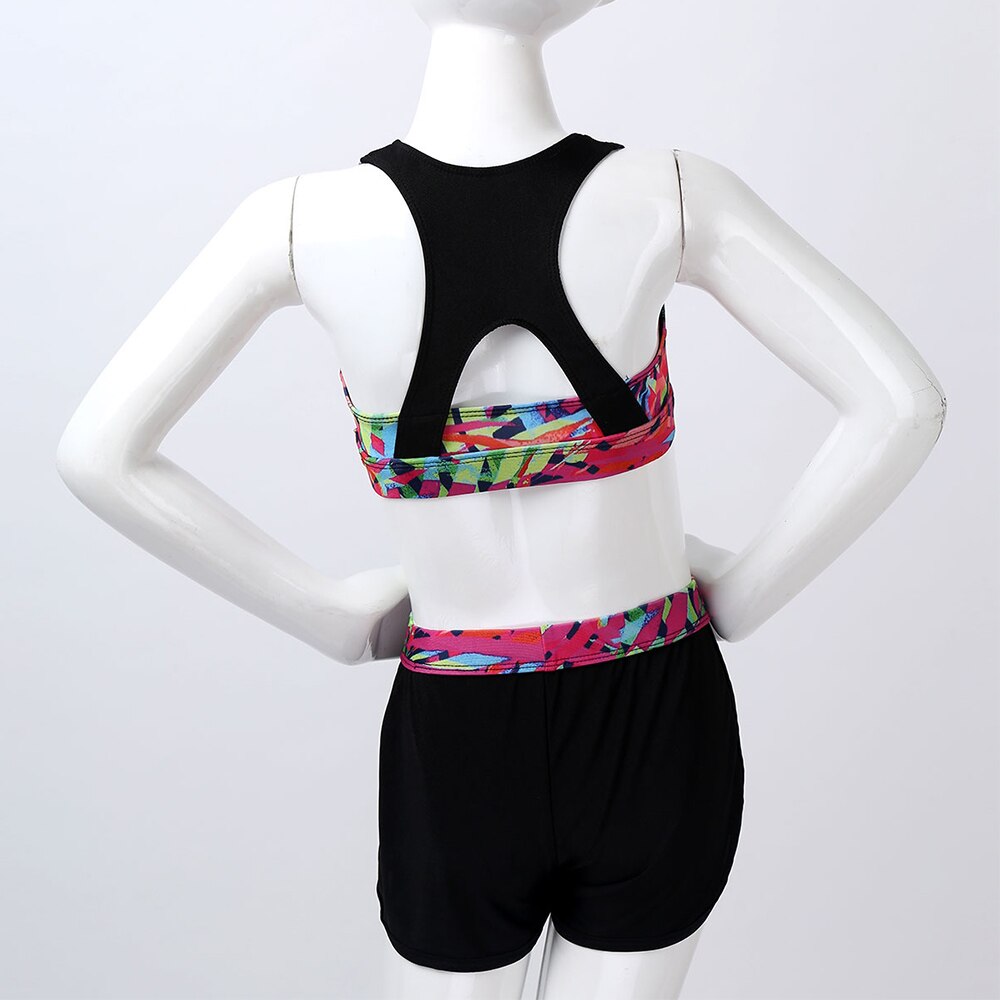 Tiaobug børn ærmeløs printet crop top sports bh med gymnastik shorts sæt børn piger ballet træning todelt dansetøj