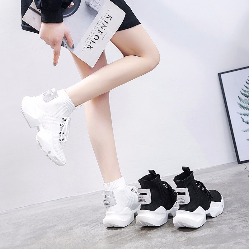 Forår high-top platform sko kvinder chunky sneakers air mesh casual kvinder sko hvide sneakers sok sko kvinde