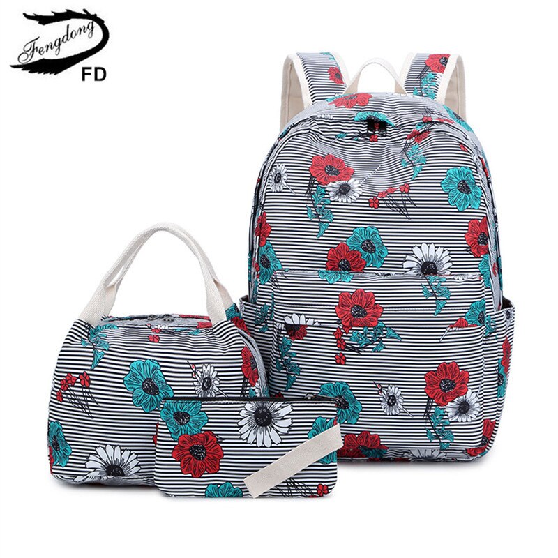Fengdong 3 pièces/ensemble sacs d'école pour filles fleur sac à dos ensemble femmes sac à dos à fleurs fille livre sac enfants stylo crayon sac ensemble