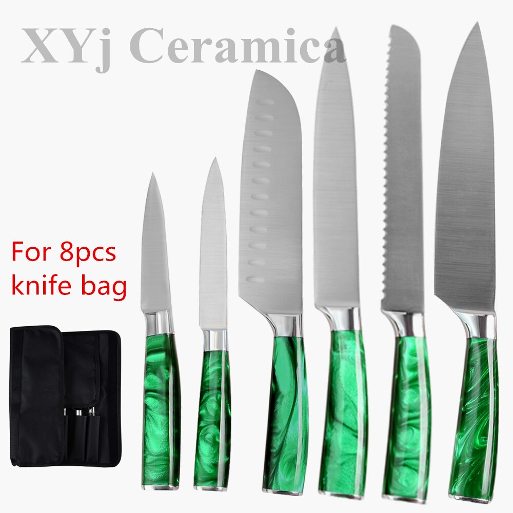 XYj-Juego de cuchillos de cocina de acero inoxidable, juego de cuchillos con Mango Verde de 8 pulgadas, Santoku, cortador de pan de Chef, rebanador chino 3CR13: C 6 with 8 in bag
