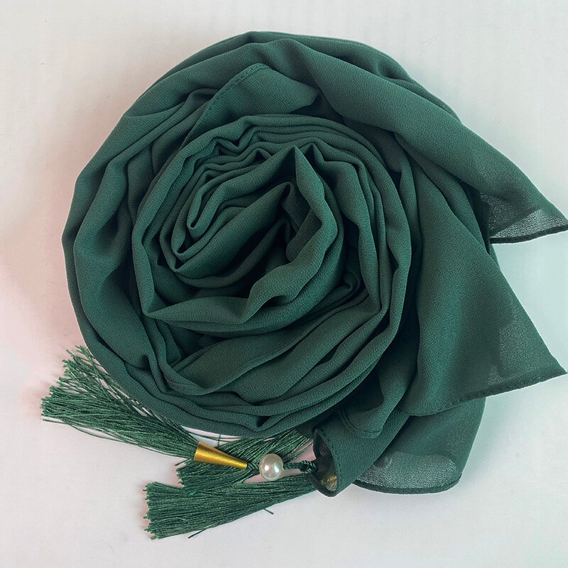 1 Pc Bubble Chiffon Solider Kleur Sjaal Lange Soft Wrap Sjaal Sjaals Femme Bufandas Kralen Parels Hijaabs Kwastje Sjaal: color 10