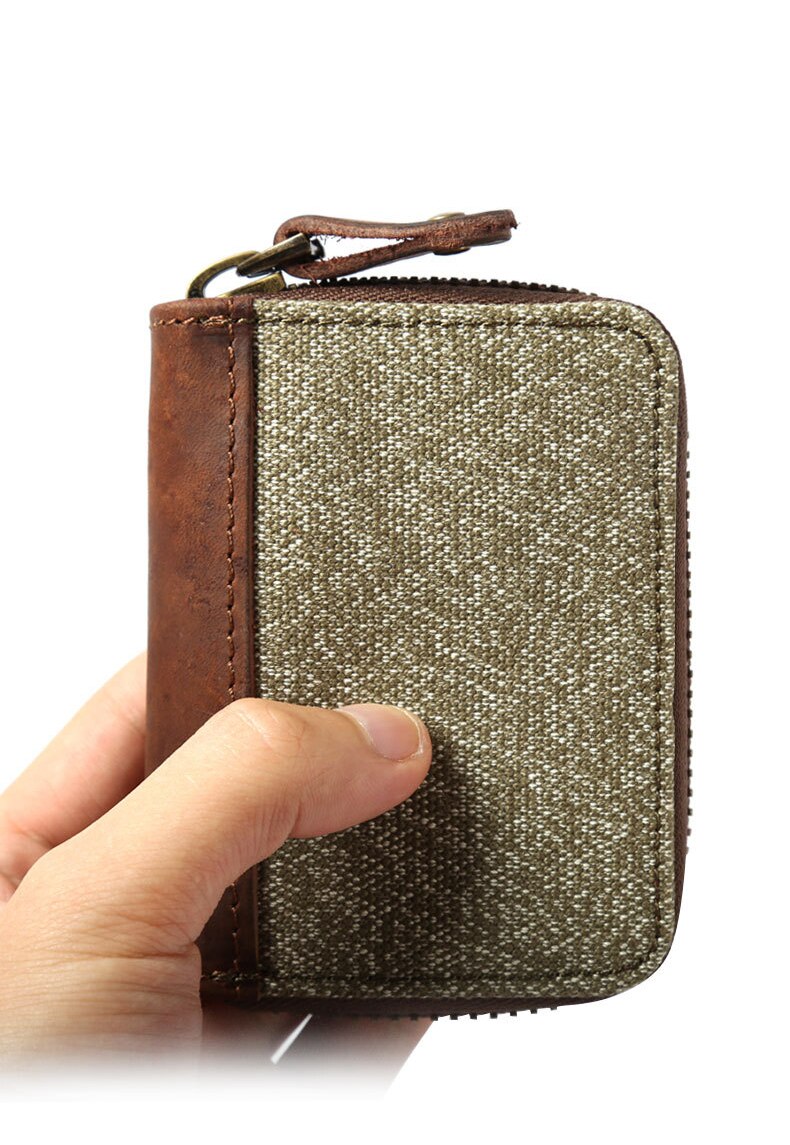 Retro canvas gestikte leren kaarthouder, mannelijke kaarthouder, ultradunne id-kaarthouder, grote capaciteit, compacte kaarthouder
