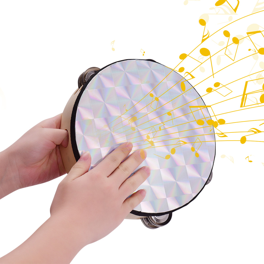 8 Inch Wooden Radiant Tambourine Handbell Hand Drum with Double Row Jingles Reflective Drum Percussion Instrument Musical Toy: Silver
