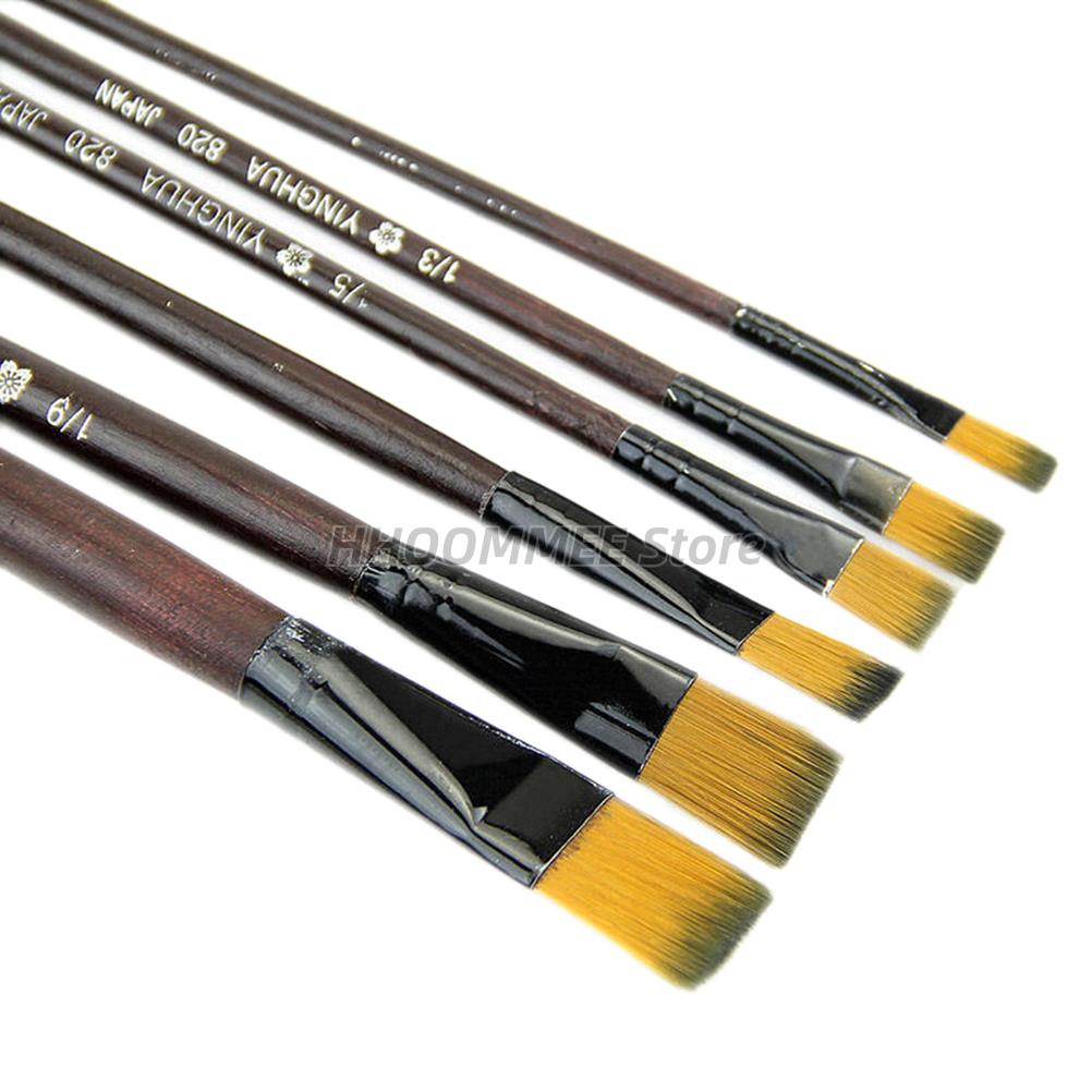 Juego de pinceles de nailon con mango de madera para pintura al óleo acrílica, diferentes tamaños, para dibujar y pintar, suministros de arte, 6 uds.