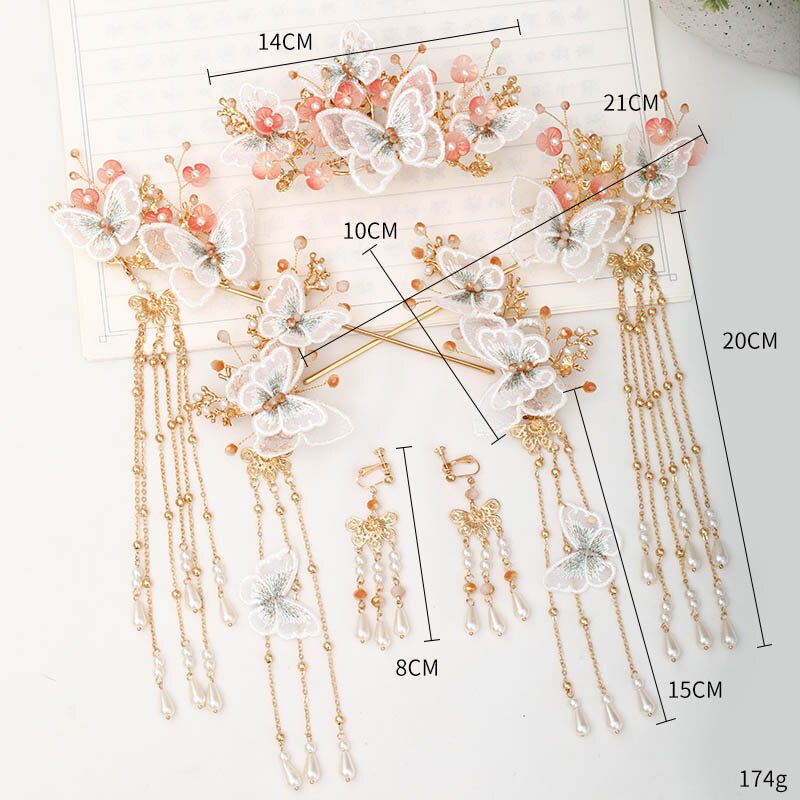 Chinese Hanfu Dress Hairpins Clips Hair Combs Ear Clips Jewelry Set Butterfly Flower Step Shake Long Tassel Headpieces