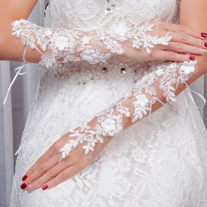 Fingerless Long Wedding Glove White Lace Appliques with Beaded Shiny Wedding Accessories Gloves for Bridal