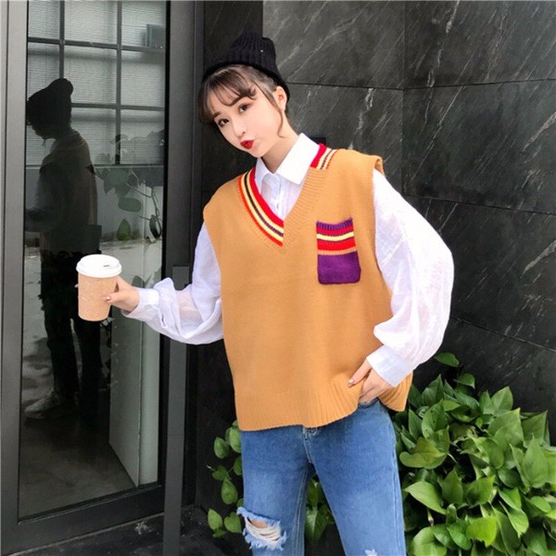 Tröja väst dam regnbågsficka stickad ärmlös dam all-match pullover elasticitet lös enkel höst ulzzang