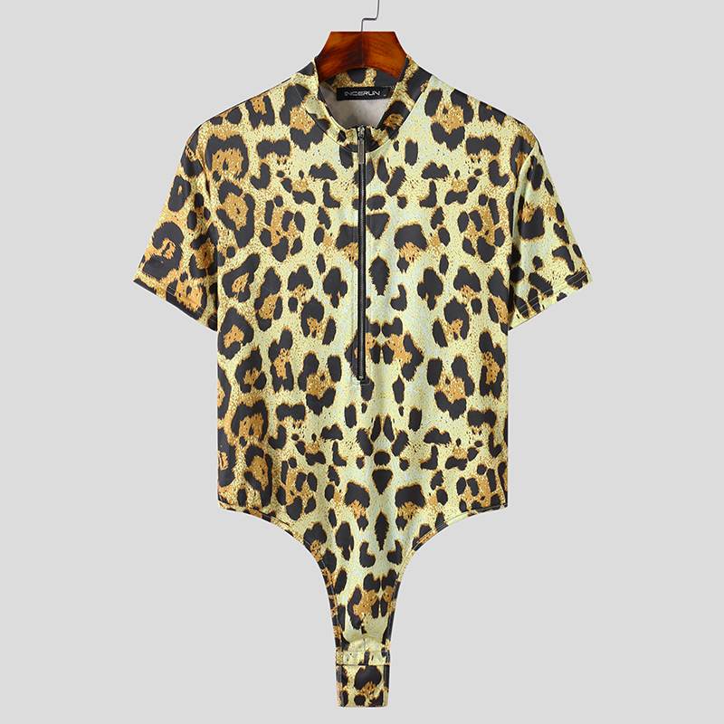 Men Bodysuits Leopard Print Underwear Turtleneck Short Sleeve Zipper Sexy Rompers Skinny Cozy Men Bodysuit Pajamas S-5XL INCERUN: L