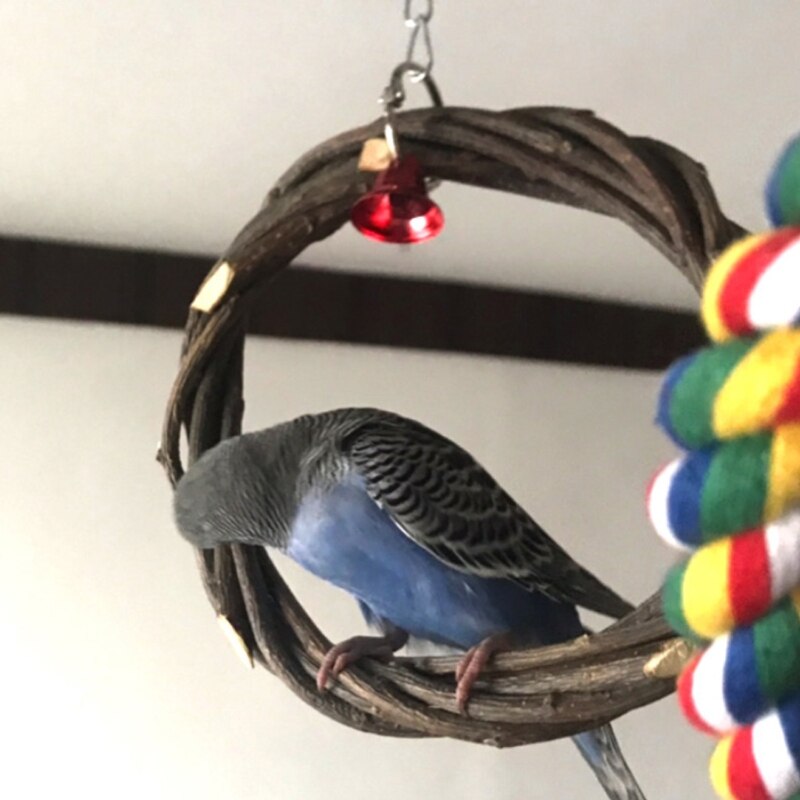 Pet Rattan Hoop Hanging Cage Climb Swing Chew Bite Ring with Bell Toy Birds Parrot Macaw Standing Perches Platform