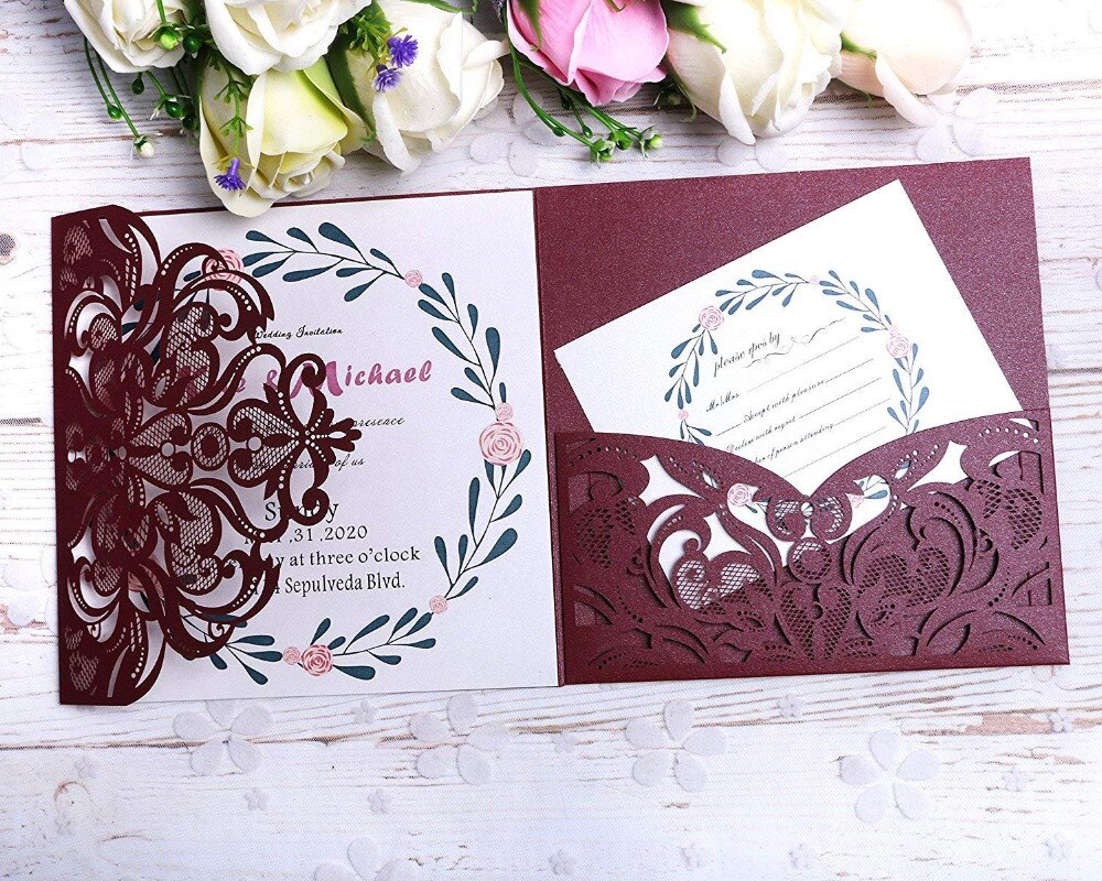 PONATIA 3 Folds Invitation Cards for Wedding Birthday Engagement Greeting Invitations Cards+ Free RSVP Cards (Burgundy )