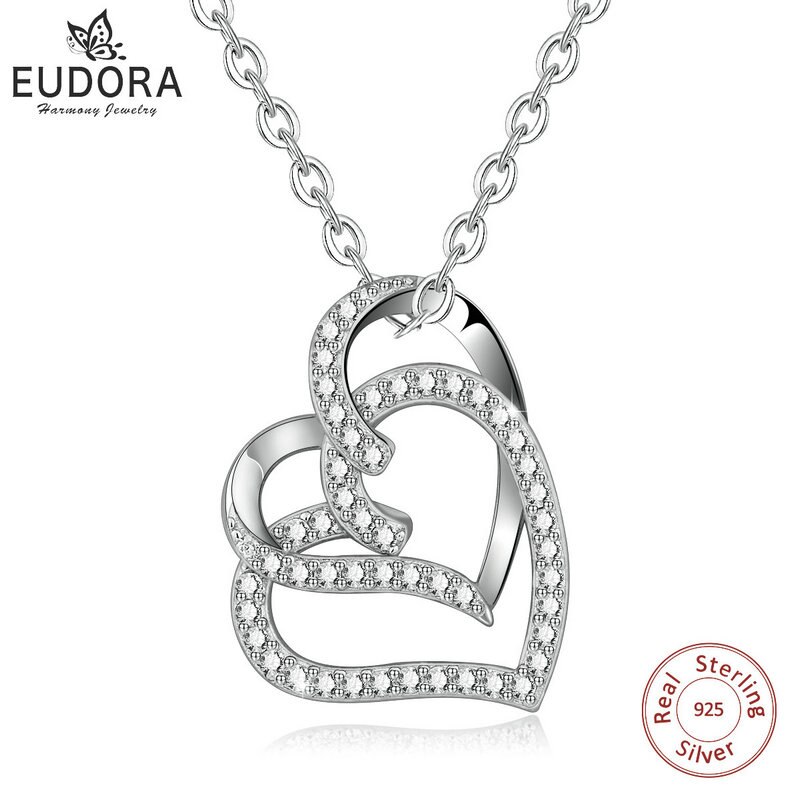 EUDORA 925 Sterling Silver Nterlocking Hearts Clear CZ Pendant Necklace Celtic Mother's Knots Charms For Women Jewelry CYD313