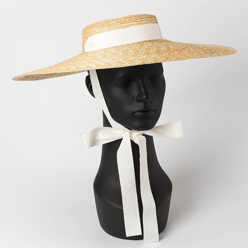 Wide brim boater hat 15cm brim stråhatt flat kvinner kentucky derby lue hvit bånd slips solhatt beach cap