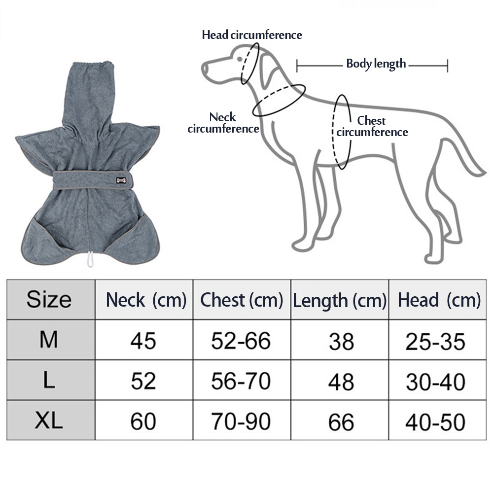 Albornoz para perro, bata de baño para mascotas, abrigo de secado, toalla absorbente para perros grandes, medianos y pequeños, secado súper rápido, suave y ajustable