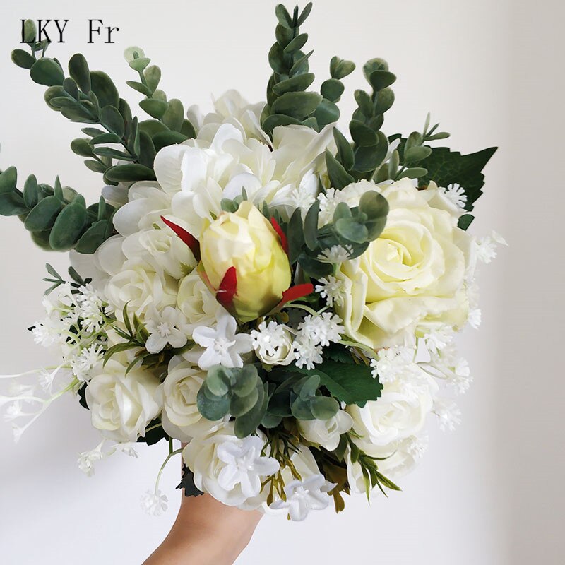 LKY Fr bukiety ślubne bukiety ślubne druhny różowy bukiet ślubny białe róże kwiaty sztuczny jedwab akcesoria ślubne