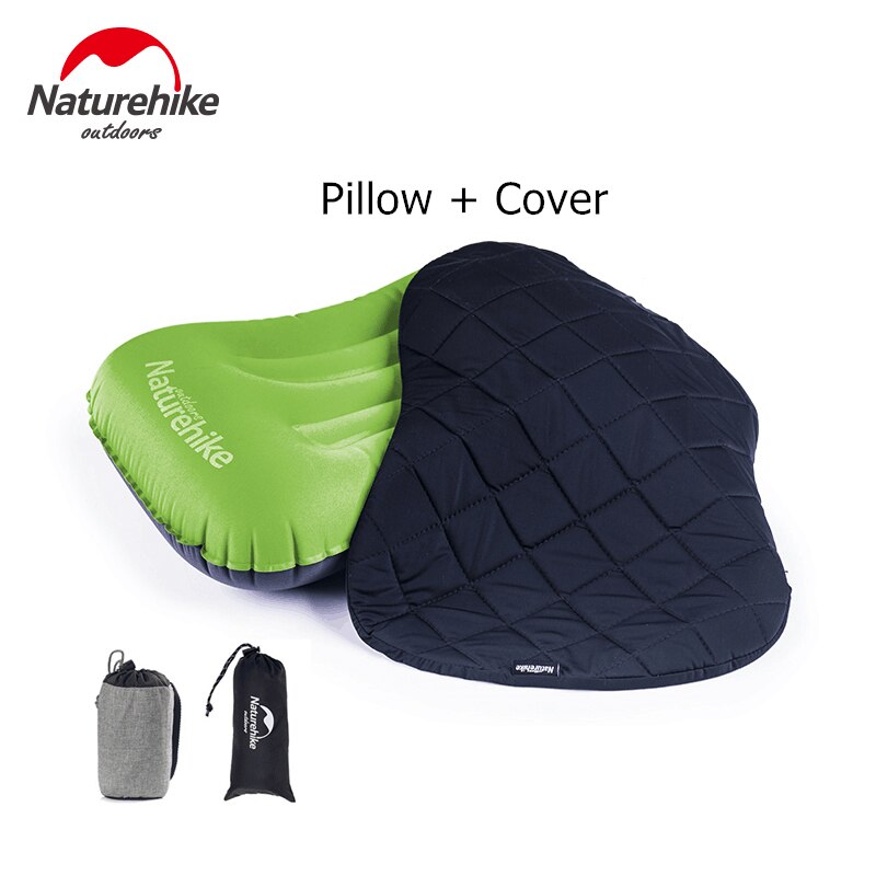 Naturehike Inflatable Pillow Polyester TPU Air Pillow Ultralight Compressible Beach Pillow Portable Hiking Travel Pillow: Green - With Cover