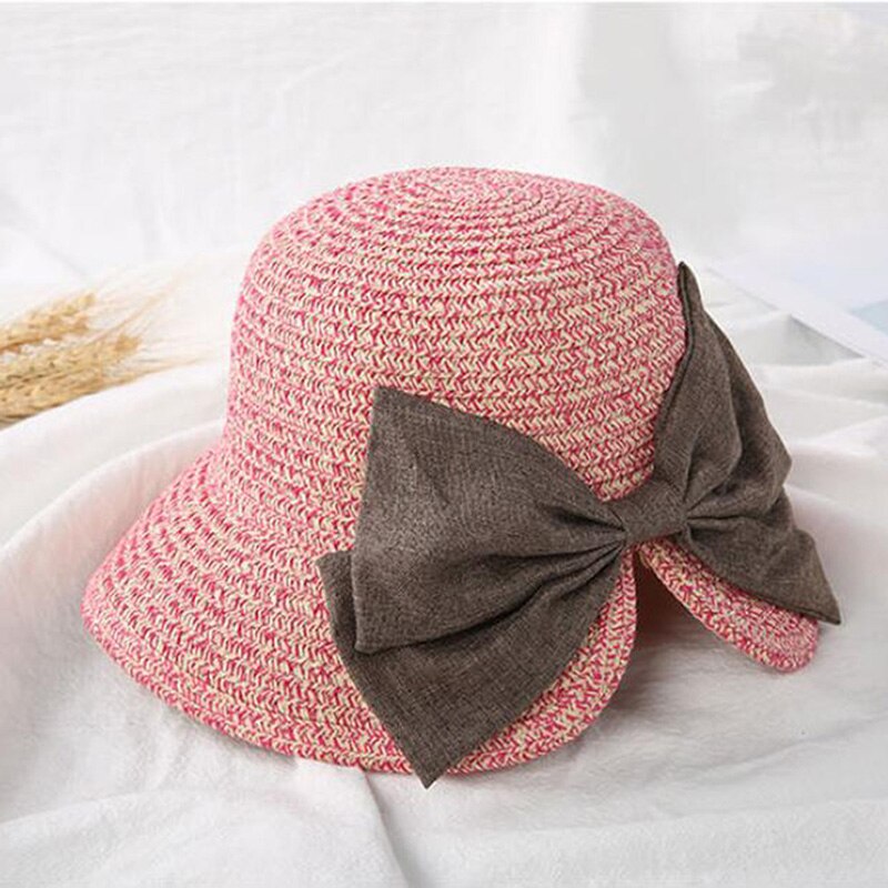 Children's Sun Hat Big Bow Wide Brim Floppy Summer Hats For Kids Beach Panama Straw Bucket Hat Sun Protection Visor Femme Cap: rose red