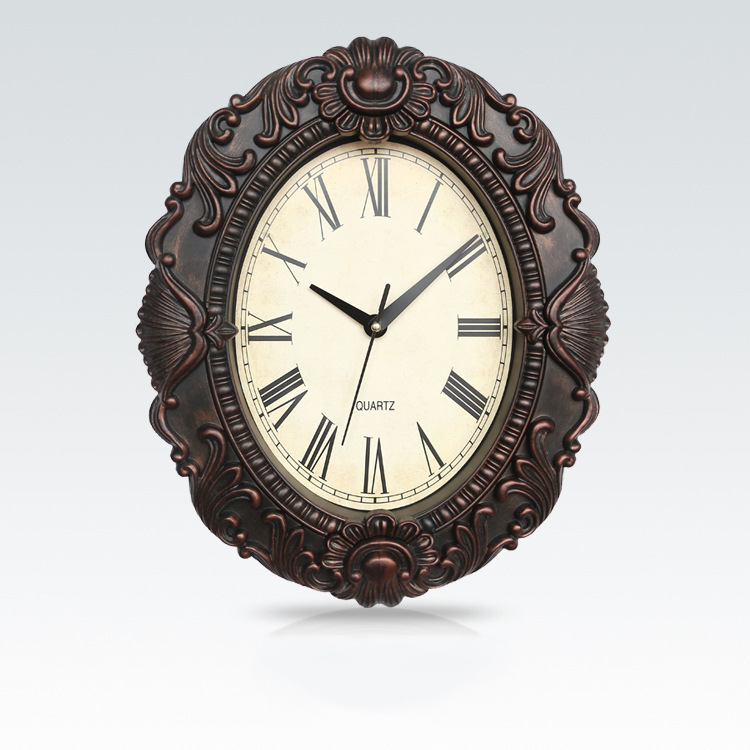 Gorgeous retro style Spanish style wall clock living room hall wall clock 13.3-inch oval imitation mirror clock