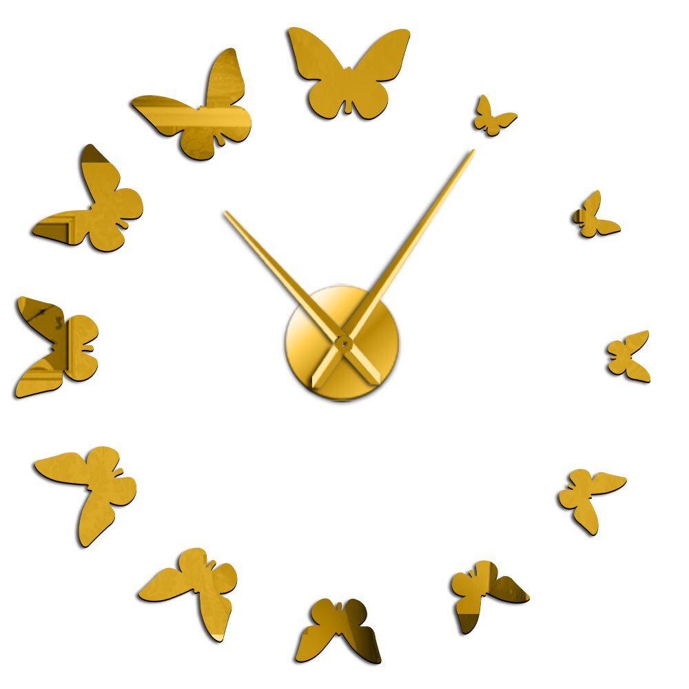 DIY Giant Wall Clock 3D Butterfly Mirror Large Numer Wall Clock Sticker Animal DIY Frameless Huge Modern Watch Decor: Gold / 47inch