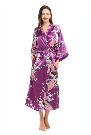 Peignoir kimono en satin pour femmes, vêtements de nuit longs, en élasthanne, motif imprimé paon floral, pour fête, mariage, demoiselle d'honneur