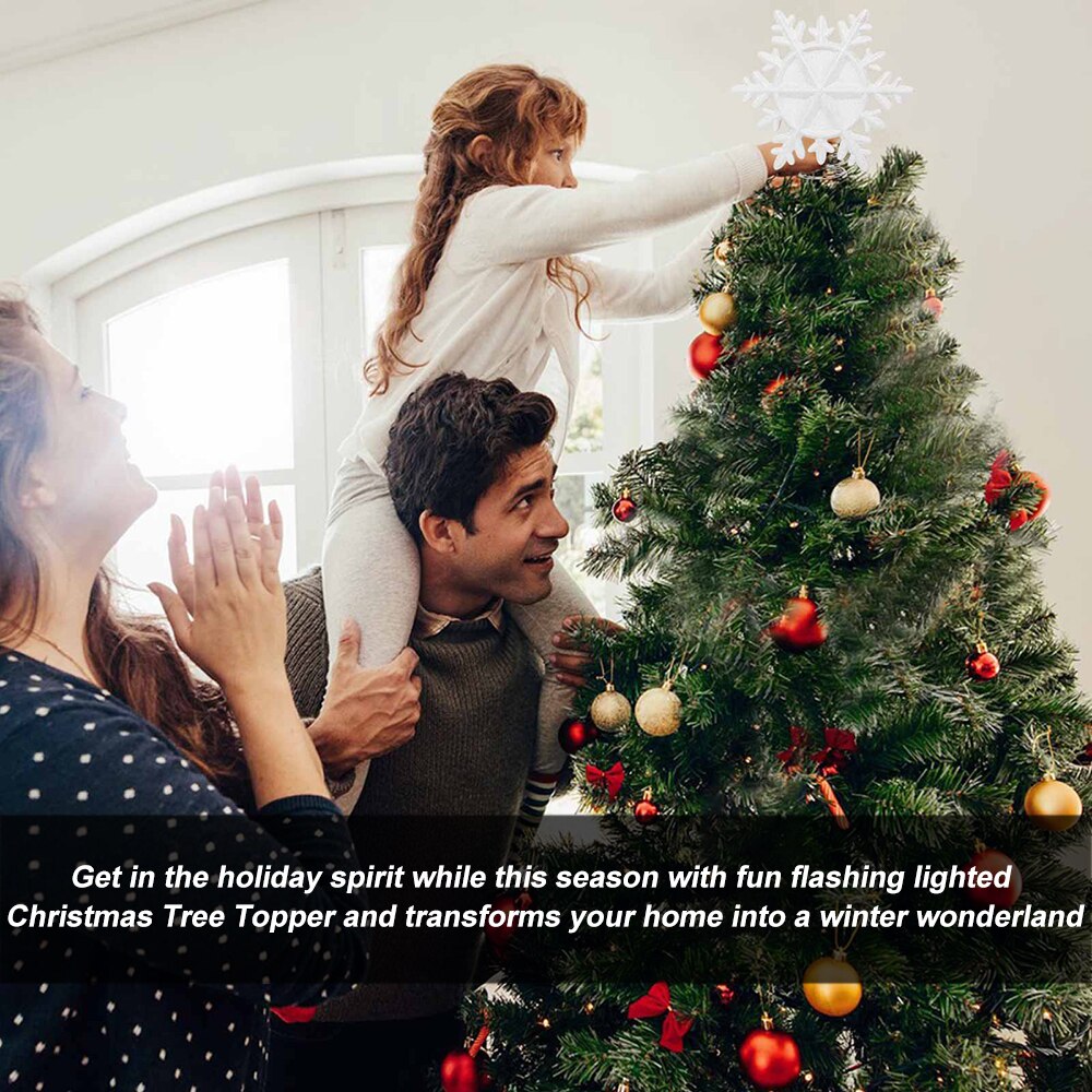 OurWarm Christmas Tree Topper Lighted with White Snowflake Projector Rotating 3D Glitter Lighted Christmas Decorations for Tree