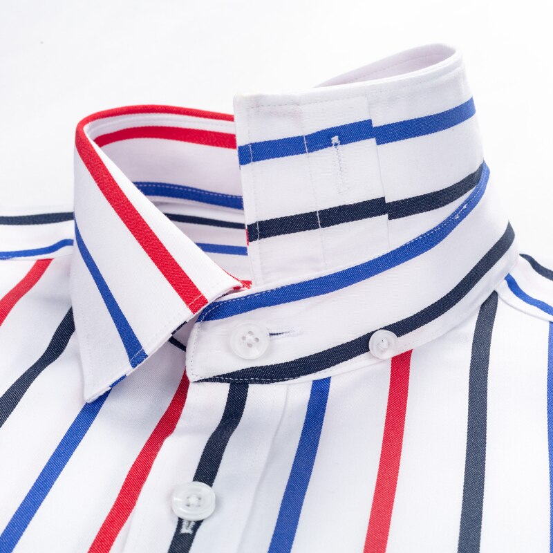 Men&#39;s Color Block Striped Wrinkle-Resistant Dress Shirt Long-Sleeve Standard-fit Hidden Button Collar Casual Pure Cotton Shirts