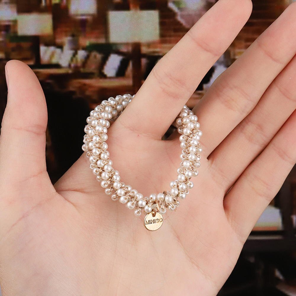 Anneaux de cheveux en perles de cristal pour femmes, attaches de perles, supports de queue de cheval, accessoires pour cheveux, bande élastique pour cheveux, chouchous pour filles, bracelet: Blanc