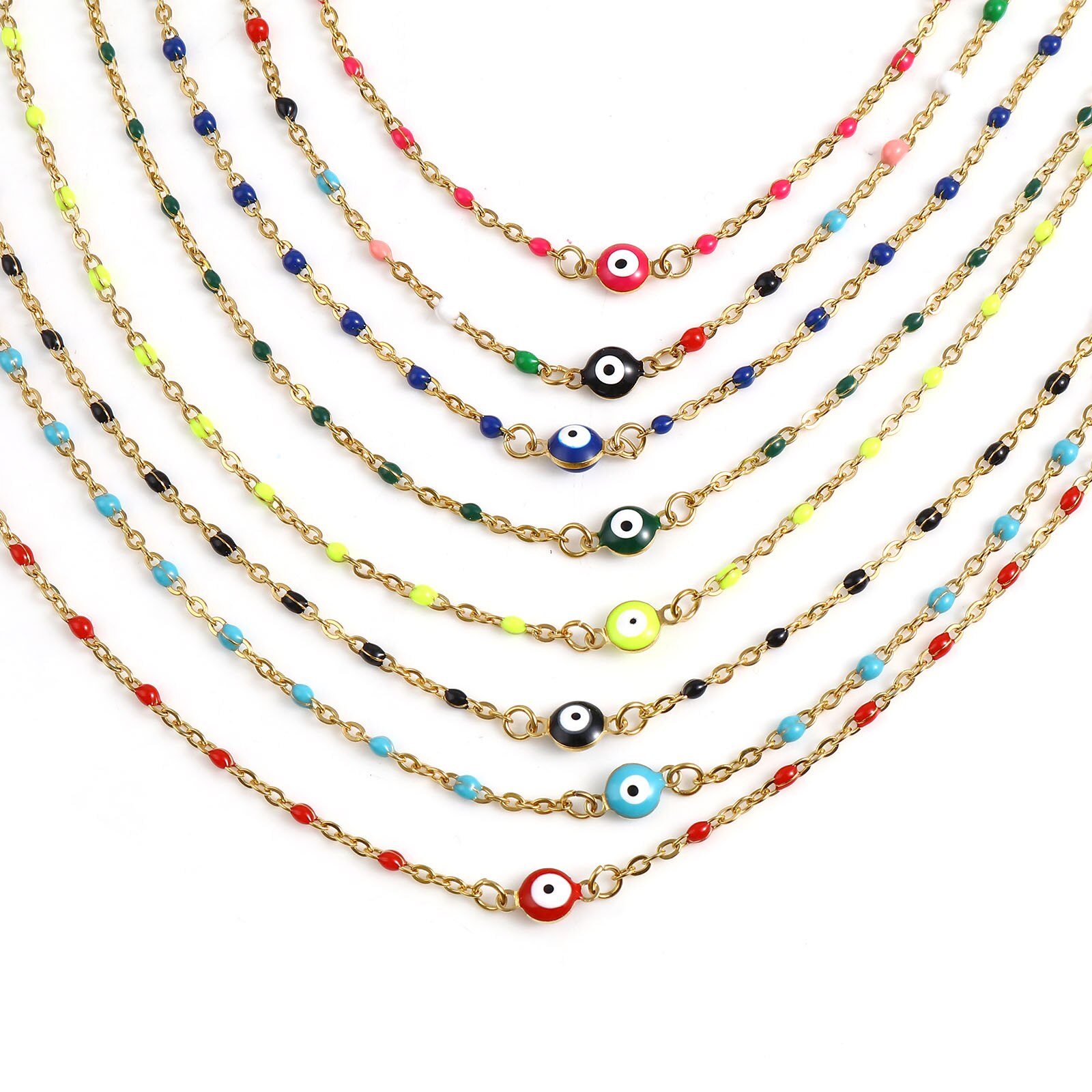 Religious Stainless Steel Link Cable Necklaces Enamel Round Evil Eye Connector Chains Necklace For Women Neck Jewelry Findings