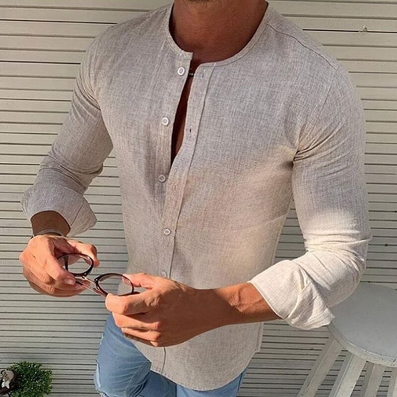 Efterår forår langærmede casual skjorter til mænd solide slanke basic stand business skjorter camisas masculina: Lys khaki / L