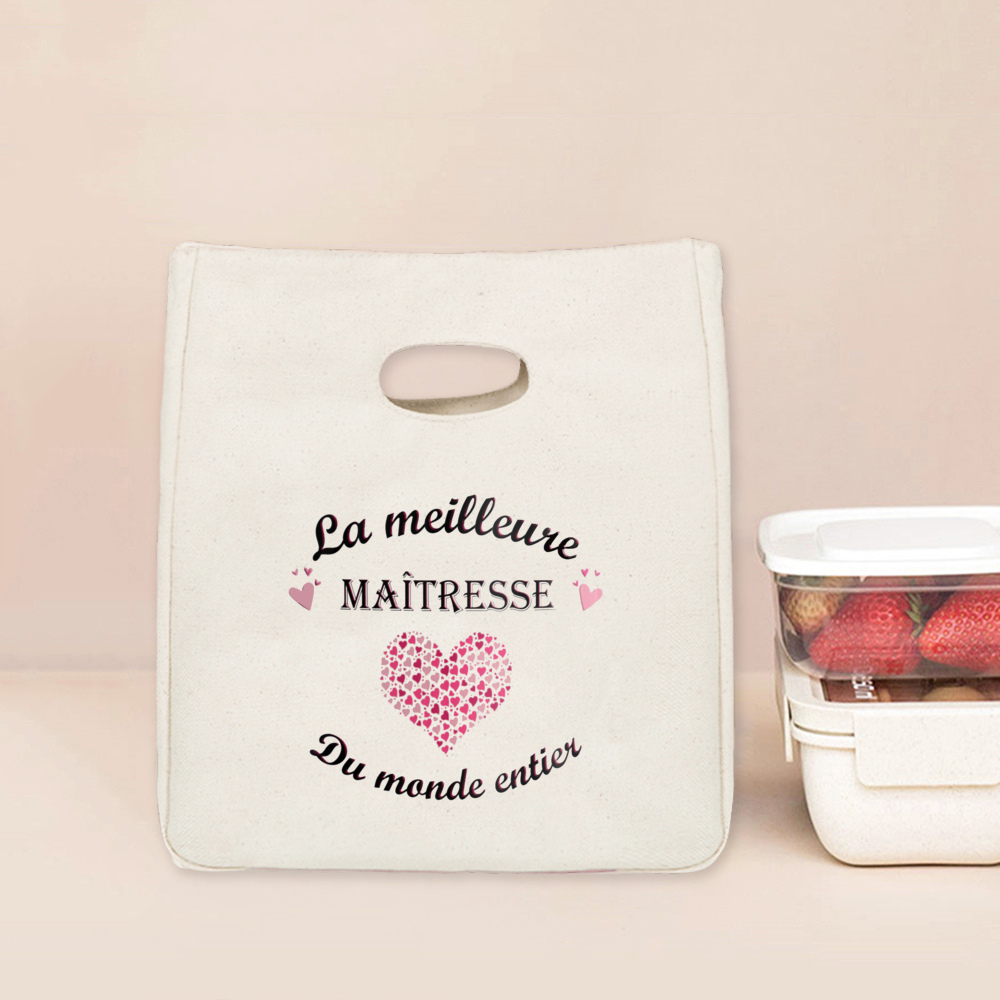 Merci Maitresse Print Lunch Bag Przenośna izolowana płócienna torba termiczna Bento Tote Thermal School Torby do przechowywania żywności Prezent dla nauczyciela: Niebieski