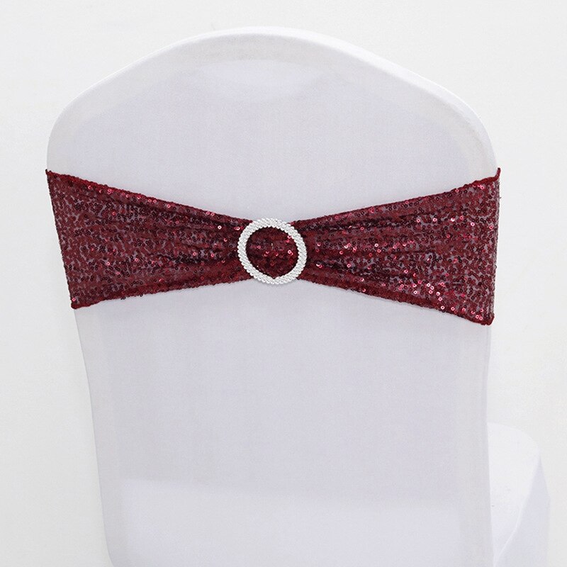 Sequin Chair Bands Stretch Spandex Chair Sash Band with Round Buckle for Wedding Events Banquet Decoration Party Supply: Dark Red Chair Band