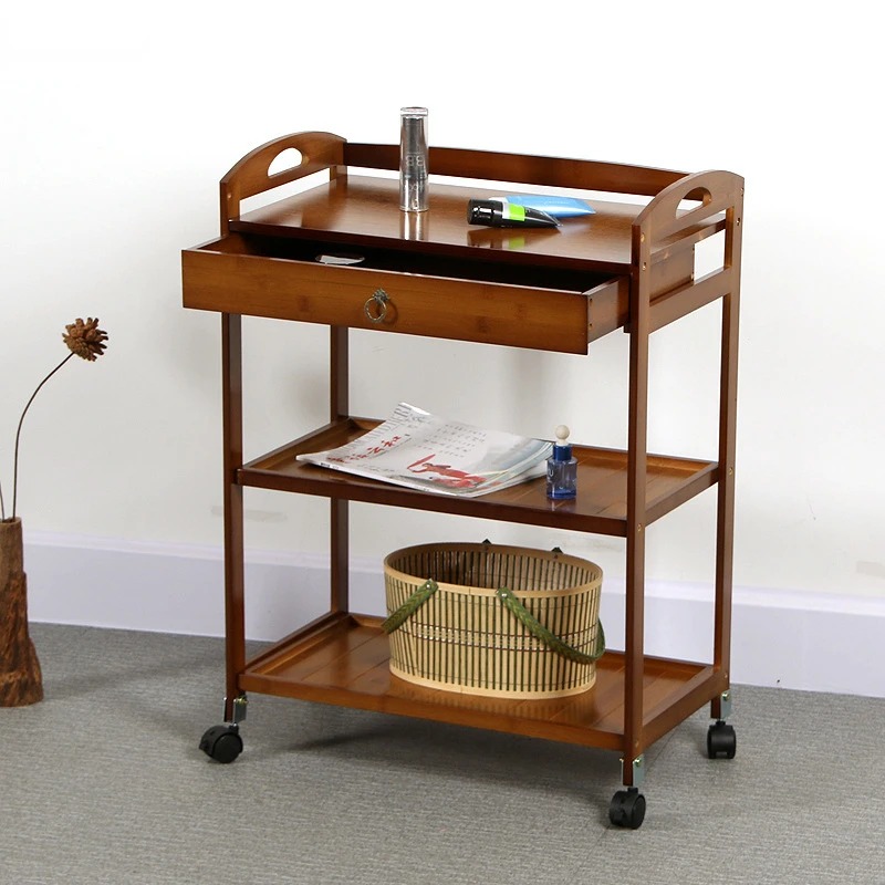 Solid Wood 3 Tier Shelf Serving Table with Wheels Drawer Kitchen Storage Cart Bar Cart Wine Tea Serving Cart Trolley