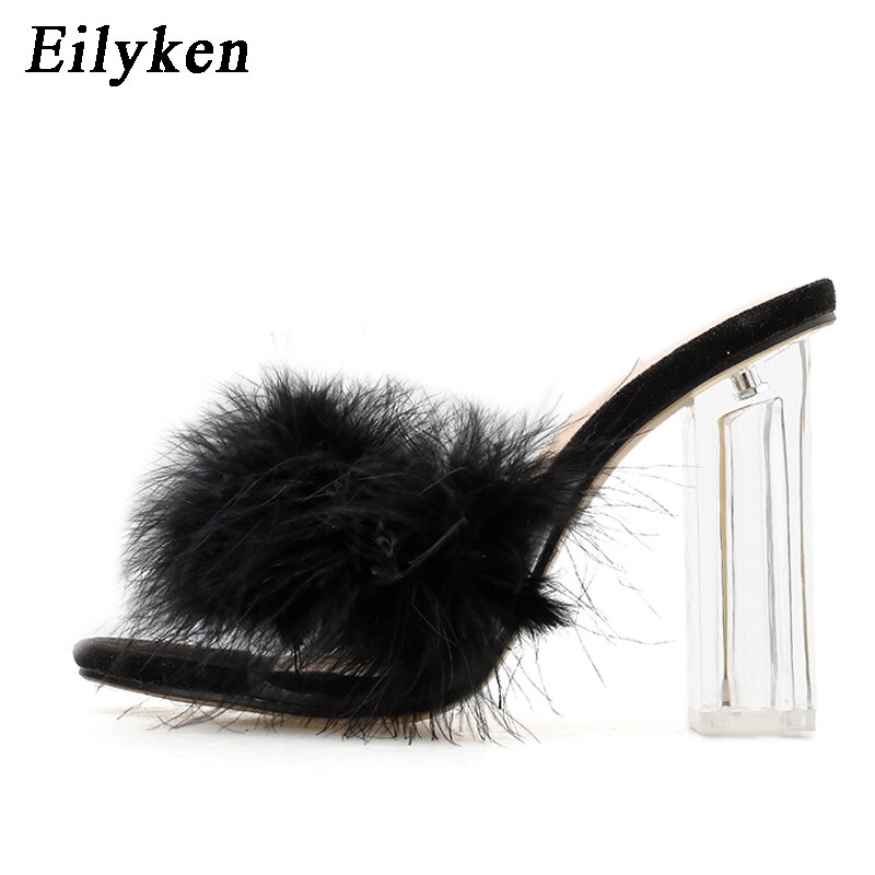 Eilyken Mode Harige Open Teen Slippers Clear Crystal Hoge Hakken Vrouwen Schoenen Vierkante Hak Transparante Vrouwelijke Sandalen: Black / 35